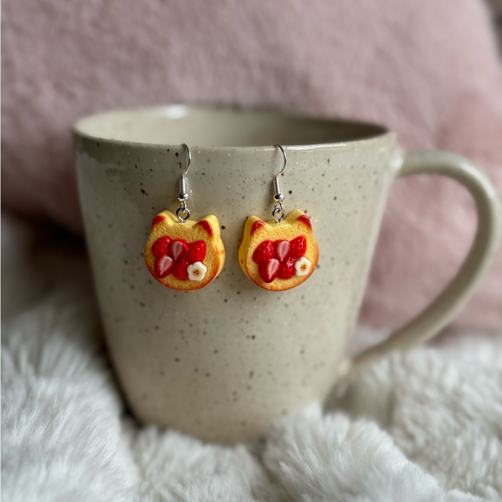 New Cute Cat and Strawberry Toast Earrings, Sterling Silver, Gifts, Easter
